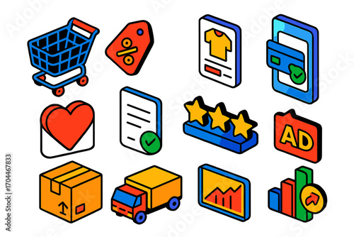 Vibrant E-commerce Icons. Isometric vector illustration set E-commerce marketing: shopping cart, discount tag, product card,