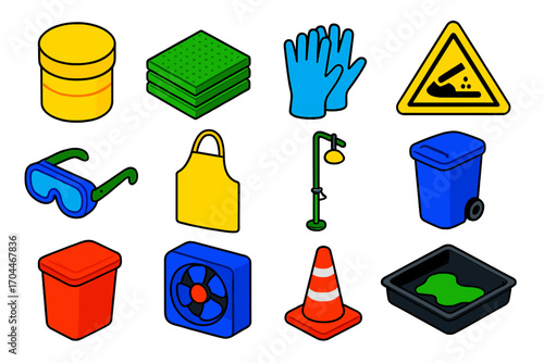Chemical Spill Safety Icons. Isometric vector illustration set Chemical spill response: spill kit, absorbent pads,