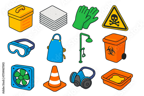Chemical Spill Safety Icons. Isometric vector illustration set Chemical spill response: spill kit, absorbent pads,