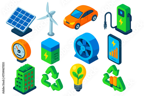 Renewable Tech Icons. Isometric vector illustration set Renewable tech: solar panel, wind turbine, electric vehicle, charging