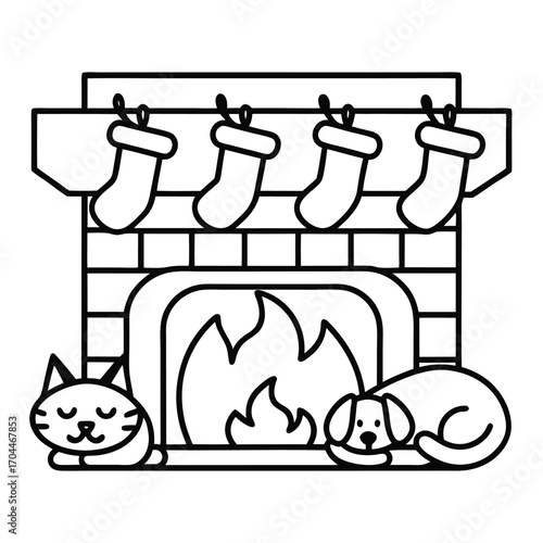 Christmas fireplace with cat and dog line art illustration Keywords: christmas, fireplace, cat, dog, pet, animal, stocking, holiday, winter, celebration, festive, hearth, chimney, fire, warm, cozy