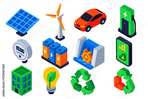 Renewable Tech Icons. Isometric vector illustration set Renewable tech: solar panel, wind turbine, electric vehicle, charging