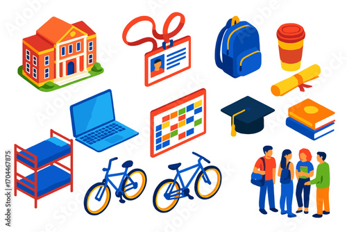 Vibrant University Icons. Isometric vector illustration set University life: campus building, student ID card, backpack, coffee