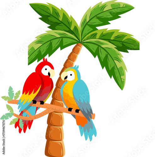 two parrots on palm tree cartoon style