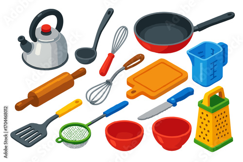 Bold Kitchen Tools. Isometric vector illustration set of kitchen tools: steel kettle teapot, soup ladle, deep frying pan, heavy