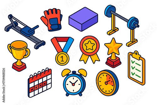 Fitness Icon Set. Isometric vector illustration set of fitness, achievement, and schedule concepts: rowing machine, sports gloves,