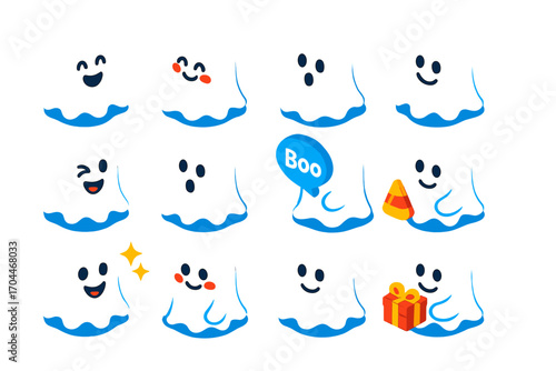 Colorful Ghost Expressions. Isometric vector illustration set of ghosts with various expressions: happy ghost, blushing ghost,