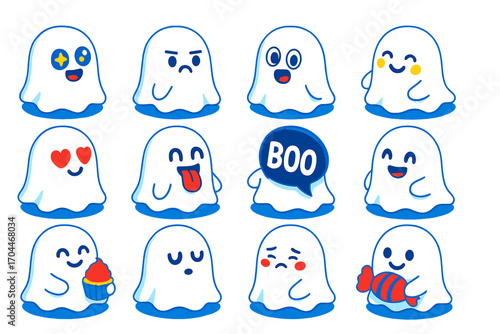 Colorful Ghost Icons. Isometric vector illustration set of ghosts with various expressions: sparkling-eyed ghost, pouty ghost,