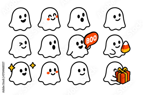 Colorful Ghost Expressions. Isometric vector illustration set of ghosts with various expressions: happy ghost, blushing ghost,