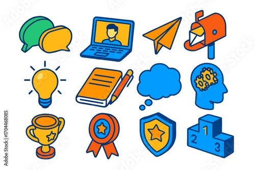 Communication Icons Set. Isometric vector illustration set of communication, ideas, and achievement concepts: chat bubbles, laptop