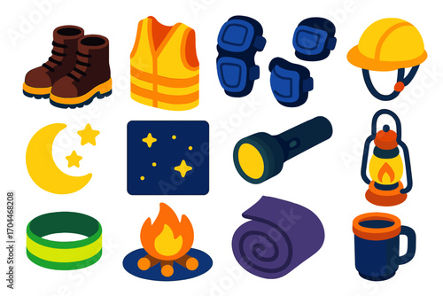 Nighttime Safety Gear. Isometric vector illustration set of safety gear and nighttime elements: safety boots, high-visibility vest