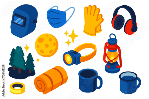 Nighttime Safety Gear. Isometric vector illustration set of safety gear and nighttime elements: welding helmet, face mask, heavy