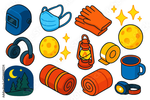 Nighttime Safety Gear. Isometric vector illustration set of safety gear and nighttime elements: welding helmet, face mask, heavy