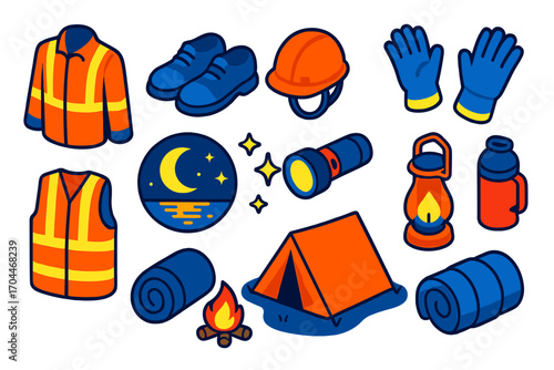 Nighttime Safety Gear. Isometric vector illustration set of safety gear and nighttime elements: high-visibility jacket, steel-toe