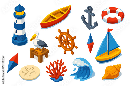 Marine Icon Set. Isometric vector illustration set of lighthouse, boat, anchor, and sea elements: white and blue lighthouse, canoe