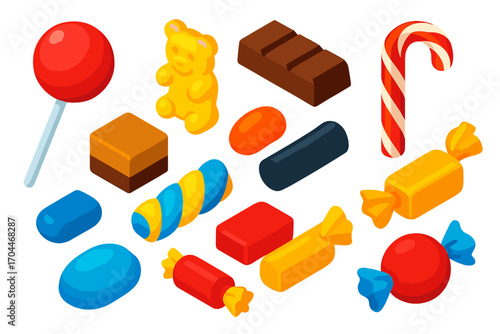 Colorful Candy Collection. Isometric vector illustration set of candy collection: lollipop, gummy bear, chocolate bar, jelly bean,