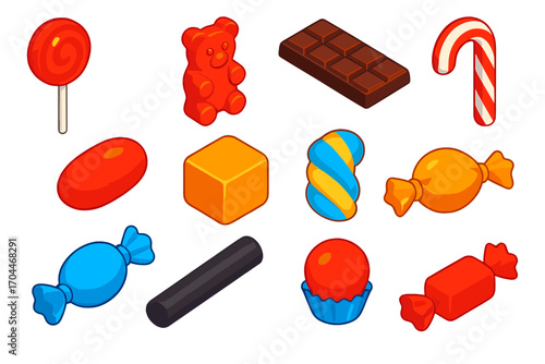 Colorful Candy Collection. Isometric vector illustration set of candy collection: lollipop, gummy bear, chocolate bar, striped