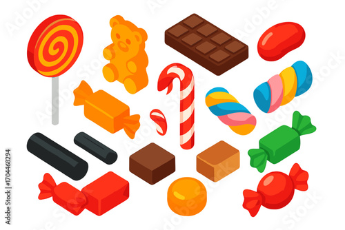 Colorful Candy Collection. Isometric vector illustration set of candy collection: lollipop, gummy bear, chocolate bar, jelly bean,