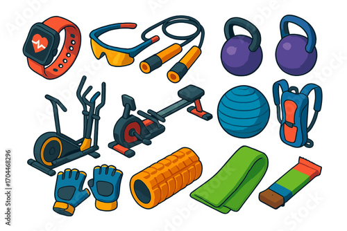 Colorful Fitness Gear Icons. Isometric vector illustration set of modern fitness and health: smartwatch, sports sunglasses,