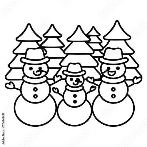 Outline Illustration of Three Happy Snowmen Standing Together in Front of Christmas Trees Keywords: winter, christmas, holiday, snowman, snowmen, group, family, friends, hats, fedora, scarves