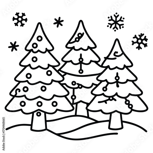 Three decorated Christmas trees stand in a snowy landscape with falling snowflakes in a black and white outline drawing