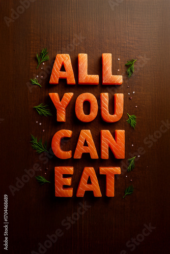 A top-down shot of fresh salmon pieces on a wooden table spelling out All you can eat. This creative food art for special offers for restaurants