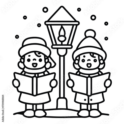 Two cartoon children singing carols under a vintage street lamp in the snow christmas kids