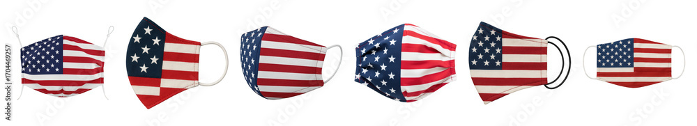 Fototapeta premium American flag face mask set including six cloth masks in various angles isolated. Patriotic safety and health accessories.