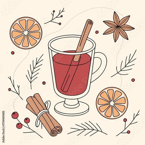 Festive mulled wine illustration with cinnamon sticks orange slices and star anise for winter holidays