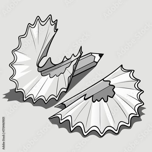 Detailed pencil and shavings illustration on a gray background showcasing artistic creation and design elements perfectly
