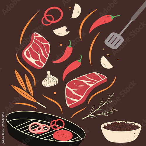 Delicious barbecue ingredients floating above grill with spices and herbs on a brown background food preparation