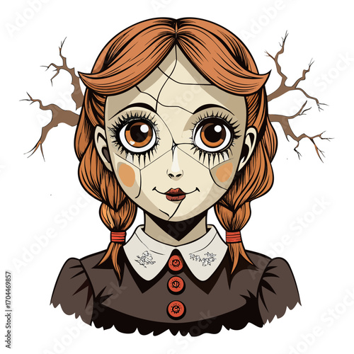 A vintage doll with a cracked, porcelain face, large, expressive eyes, and red pigtails, giving it a spooky, haunted feel.