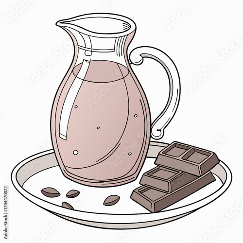 Chocolate milk in a glass pitcher with chocolate squares on a tray in a simple and clean illustration style