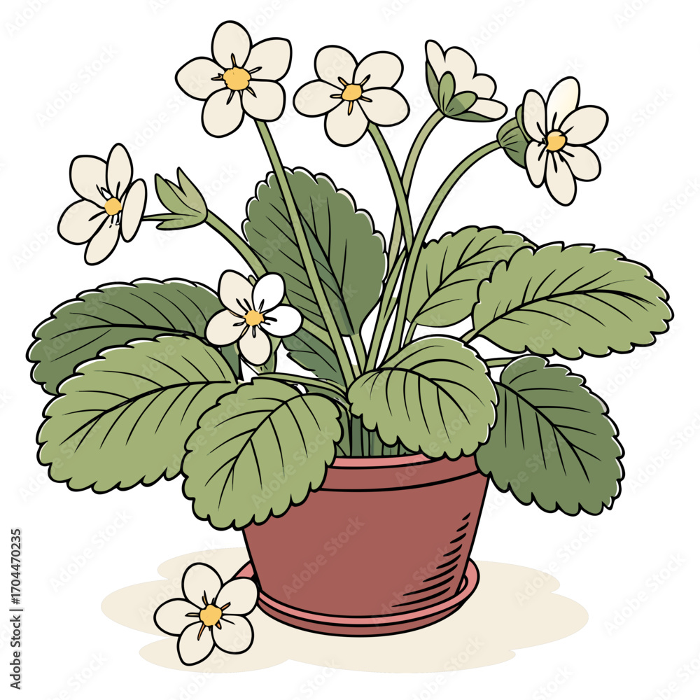 Obraz premium Charming potted strawberry plant with delicate white flowers and lush green leaves, perfect for garden decor or spring themes.