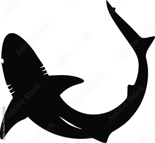 Minimal vector silhouette, shark circling with curved body, top-down angle implied, solid black