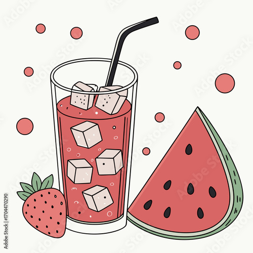 Refreshing watermelon strawberry drink with ice and straw next to fresh fruit slice and berry, perfect for summer refreshment and healthy lifestyle promotions