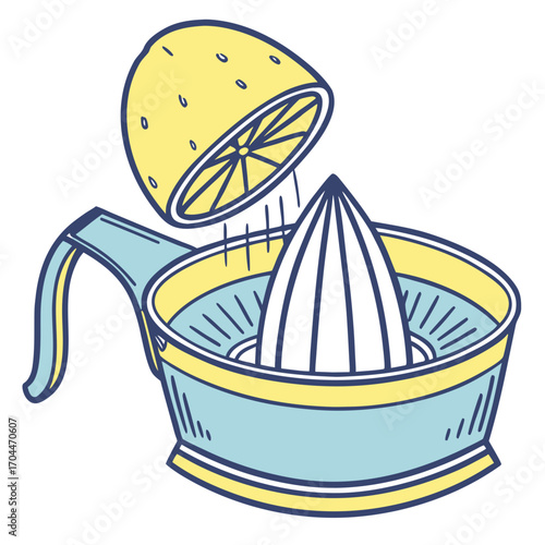 Illustration of a lemon juicer with a lemon being squeezed for fresh juice and citrus fruit beverage