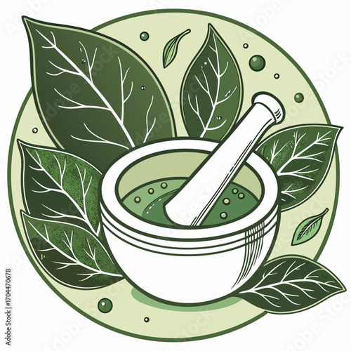 Herbal medicine preparation with mortar and pestle for natural remedies and wellness illustration art