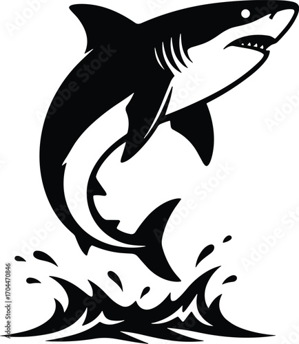 Minimal vector silhouette, shark leaping upward, arched body, mouth slightly open, side view, solid black
