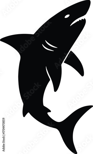 Minimal vector silhouette, shark leaping upward, arched body, mouth slightly open, side view, solid black