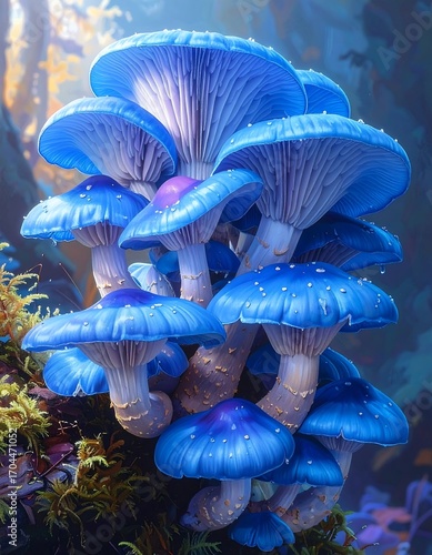 Cluster of vibrant blue mushrooms in a lush forest setting