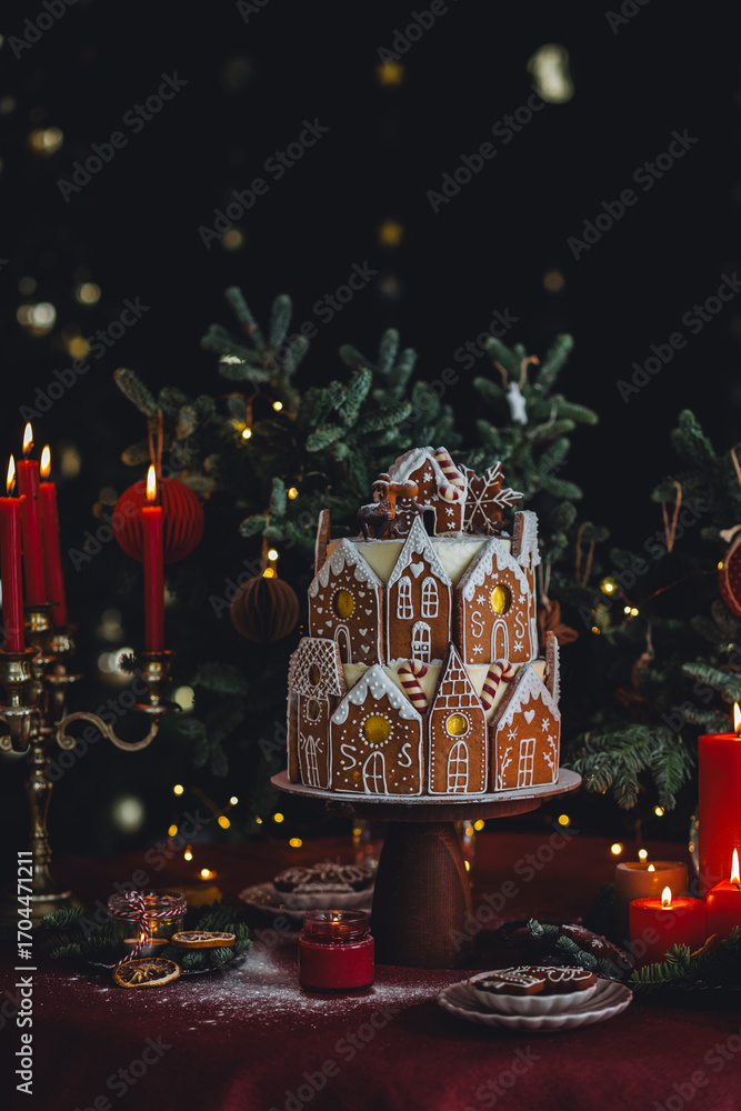 Fototapeta premium Elegant luxury Christmas table setting for family home party with homemade big gingerbread house, holiday celebration. Red tablecloth, candles, chandelier. Romantic candlelit dinner
