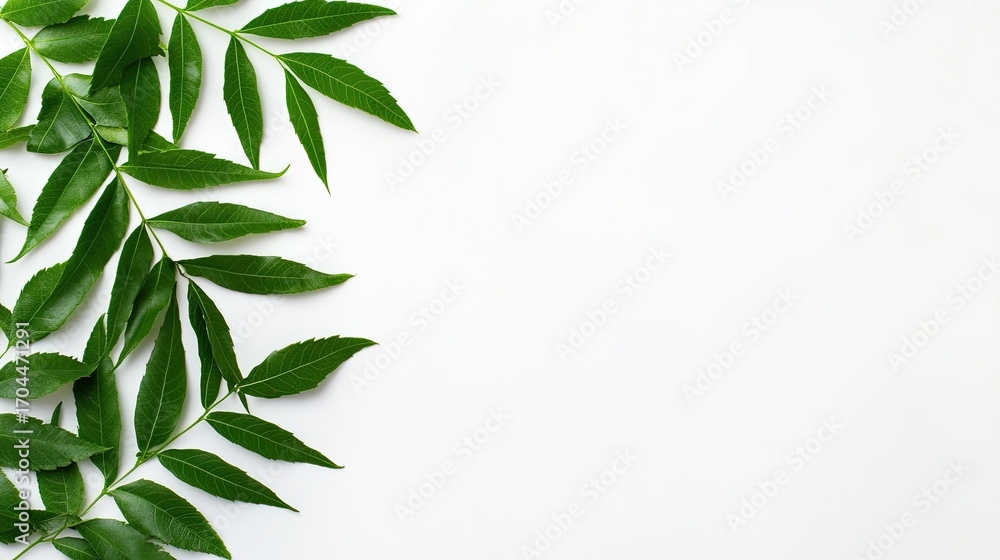 Fototapeta premium Green leaves on white background minimalist design