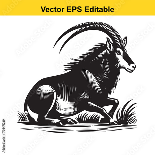 Vector art of black and white illustration of a sable antelope sitting on grass