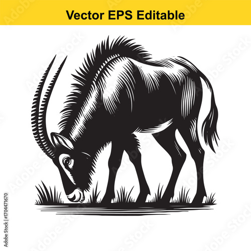 Vector art of black and white illustration of a sable antelope grazing on grass