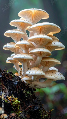 Cluster of mushrooms on a decaying log