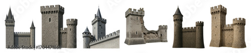 Medieval castle architecture set including various towers, walls, battlements, and ruined sections isolated. Historical, fantasy, and game design elements.