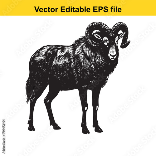 Vector art of black and white illustration of a ram with large horns