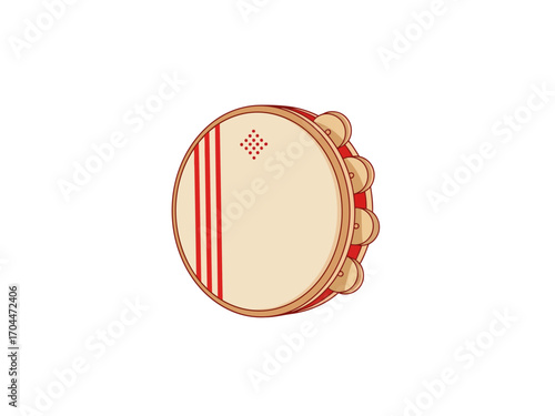 Close up of a traditional wooden tambourine with jingles on a white background