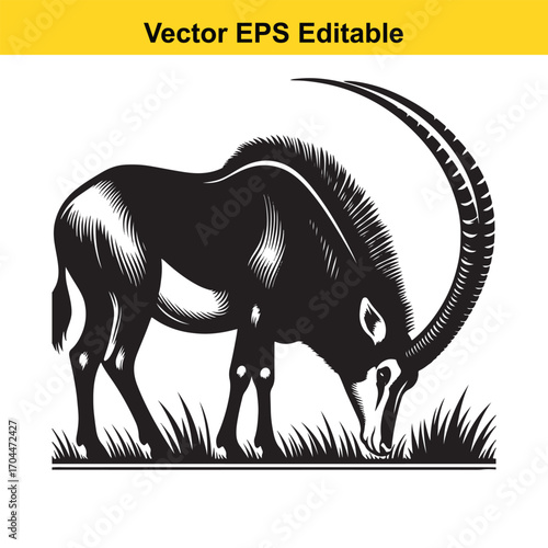Vector art of sable antelope grazing in tall grass